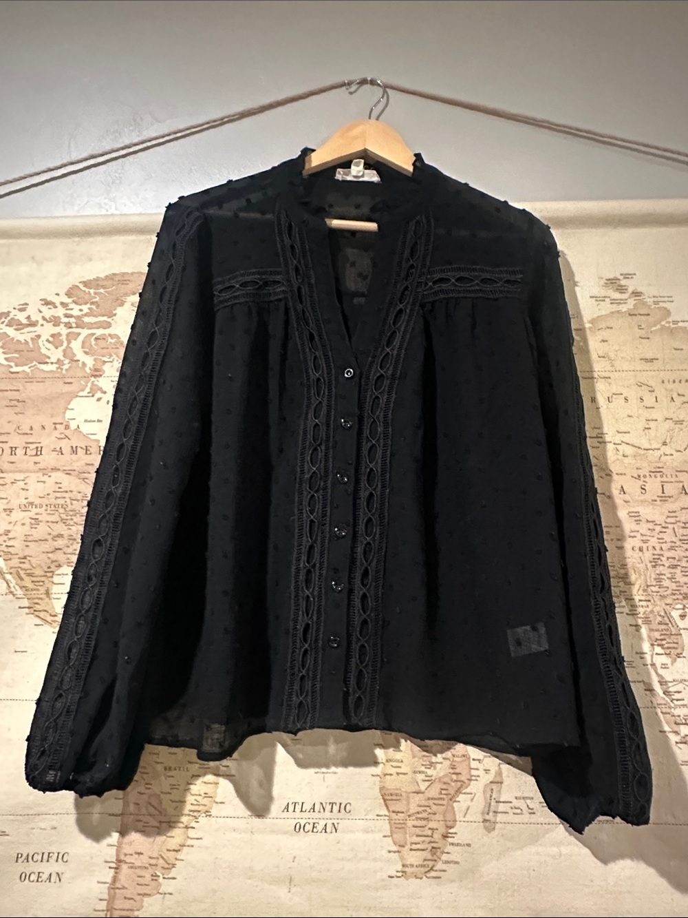 eesome Black Lace-Trim Button Front Blouse